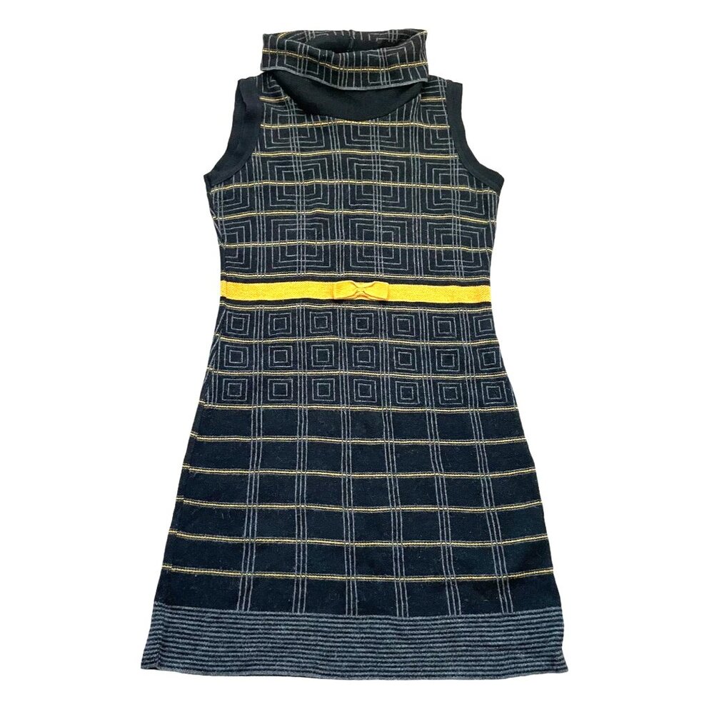 A. Ida Wool Blend Sweater Dress Women's Size Large Black/Yellow Geometric Plaid